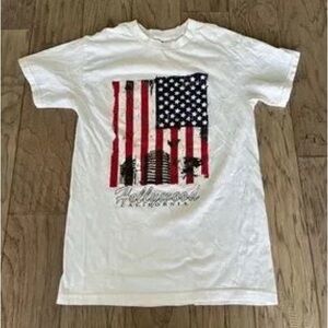 White Graphic Tee with American Flag and Palm Trees